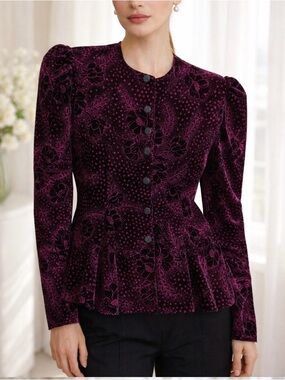 SCOTT McCLINTOCK Vintage Black & Fuchsia Velvet Burnout Peplum Jacket Top